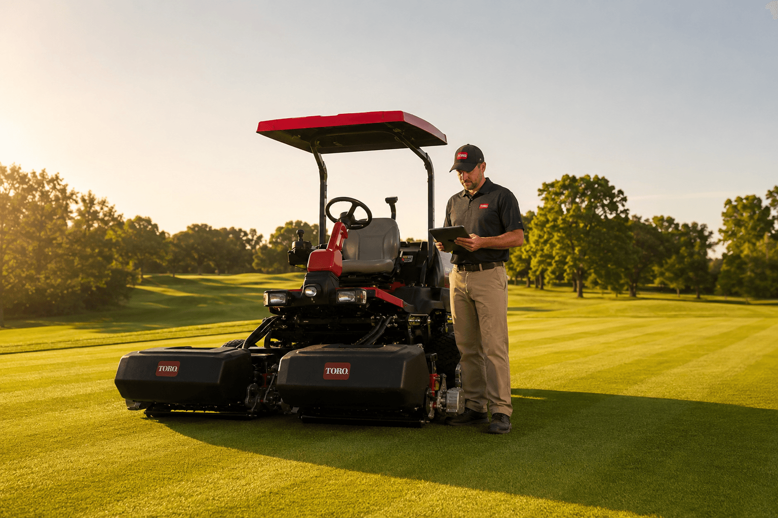 Golf club groundskeeper managing course equipment