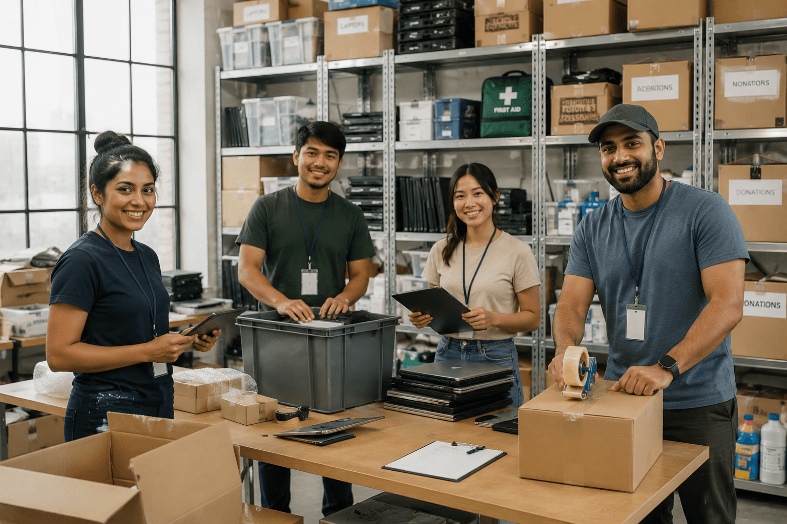Nonprofit staff and volunteers cataloguing and packing donated laptops and equipment in a store room, beside shelving stacked with labelled donation boxes