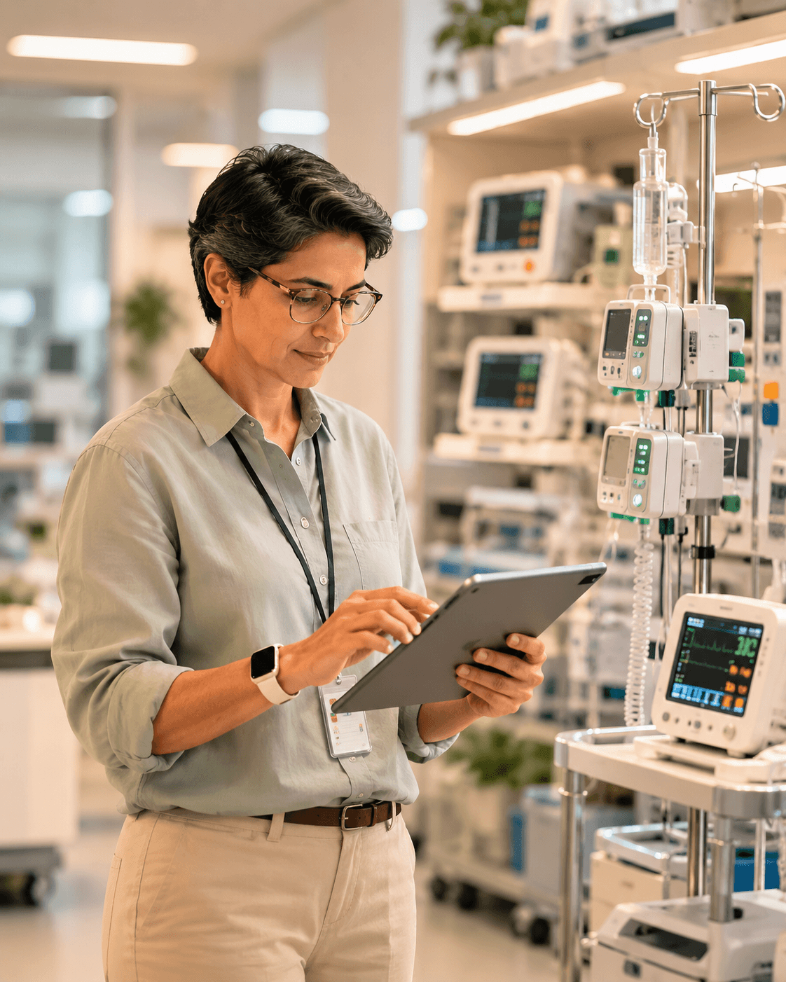 Facilities manager reviewing medical equipment on a tablet